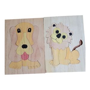 2 Vintage Childrens Wood Frame Tray Puzzles Dog And Lion